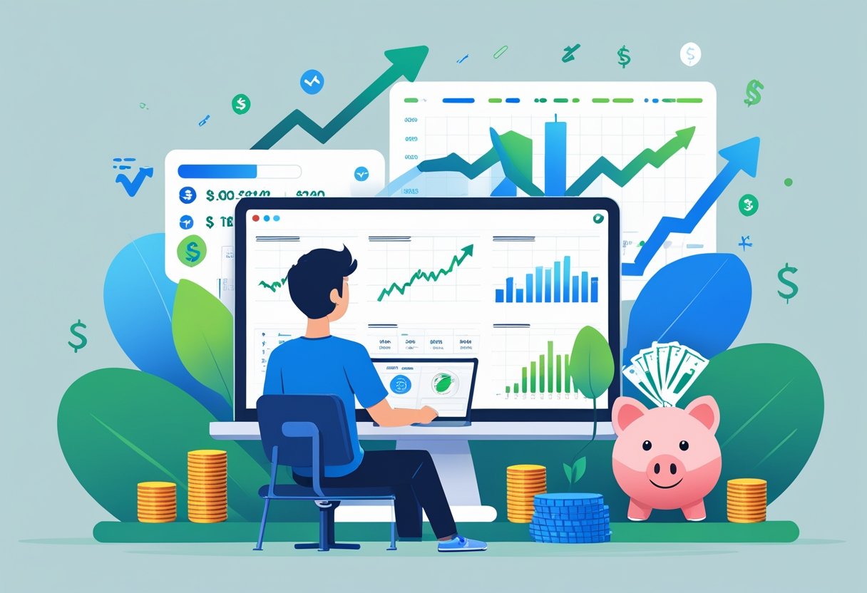 Pessoa jovem sentada em uma mesa com laptop, analisando gráficos financeiros simples, com moedas e um cofrinho ao redor, simbolizando investimento com pouco dinheiro.